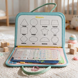 Light blue busy book open to a shapes tracing page with colourful sticker pieces below
