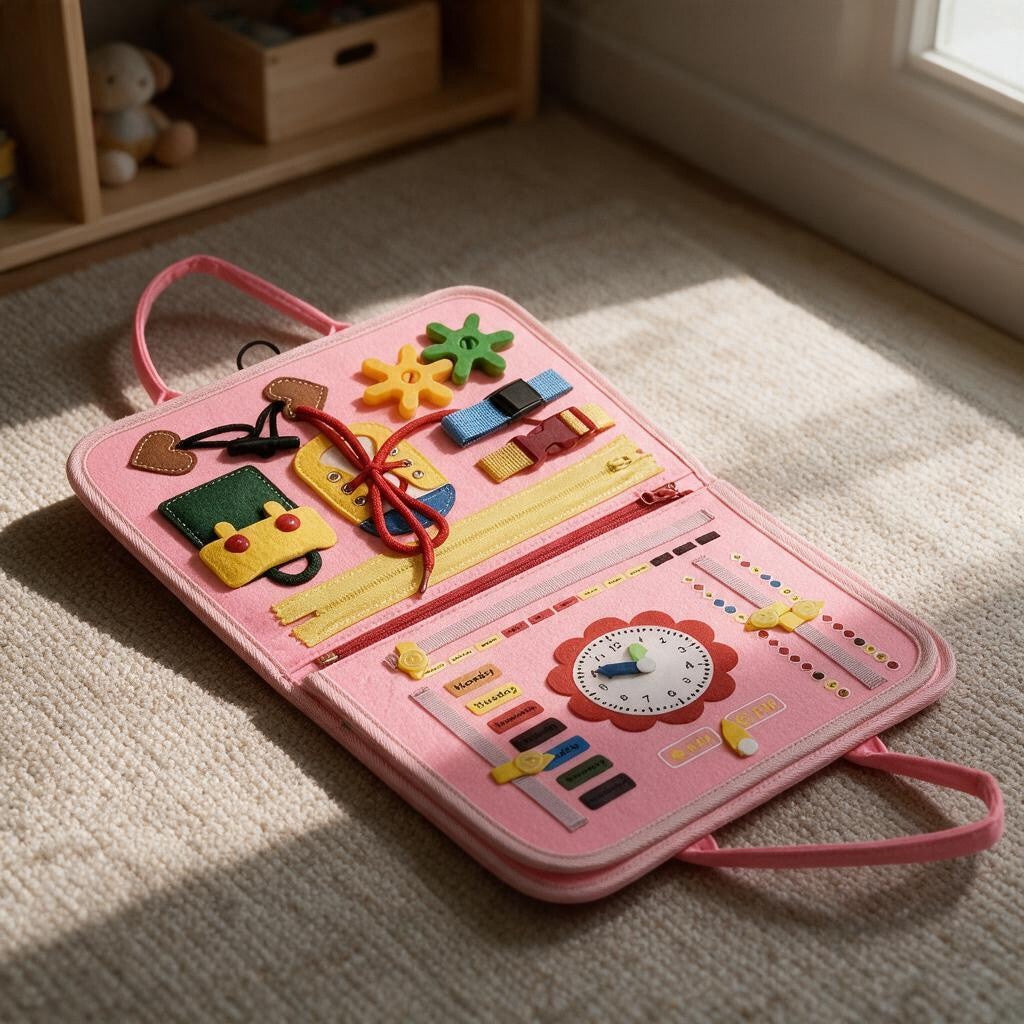 Pink felt busy board with buckles, a lace, a zip, a clock and colourful felt shapes