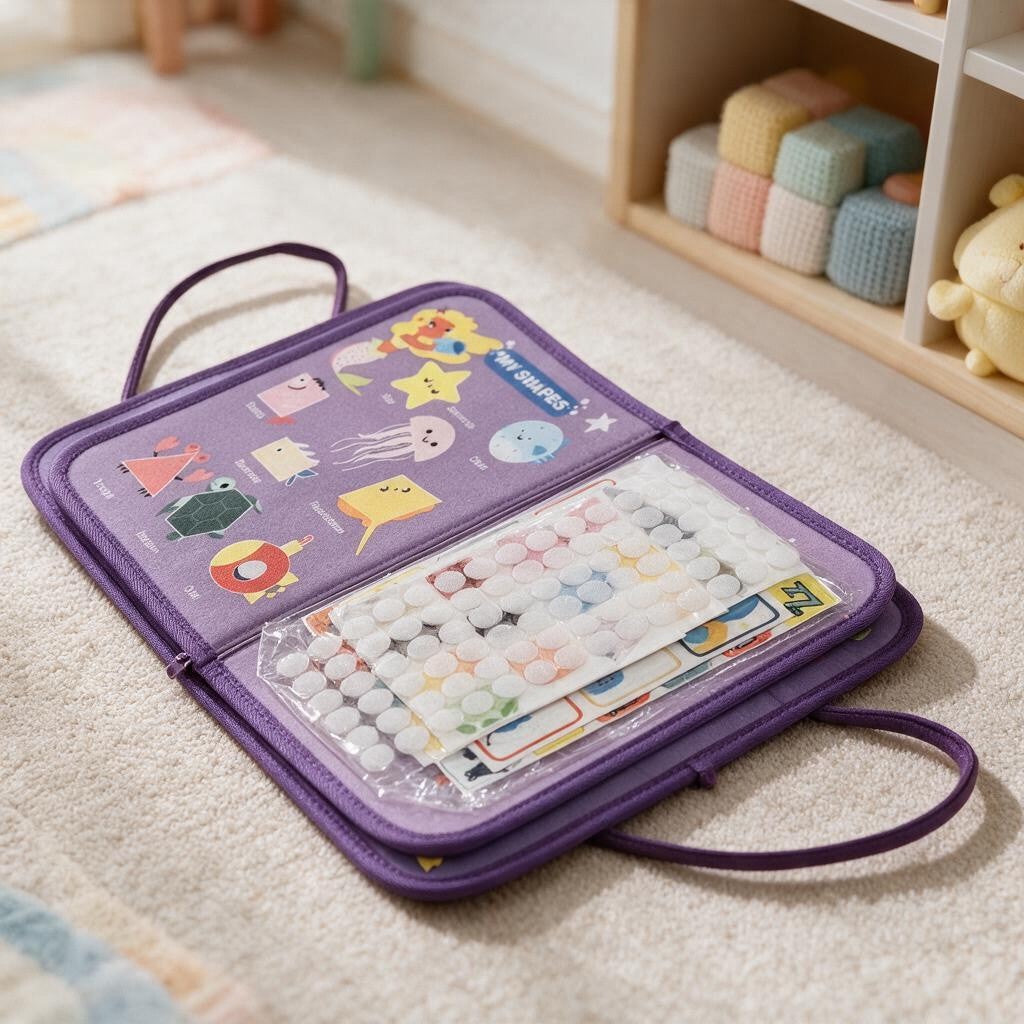 Purple felt busy book with sea creature pictures and a pocket of matching sticker pieces