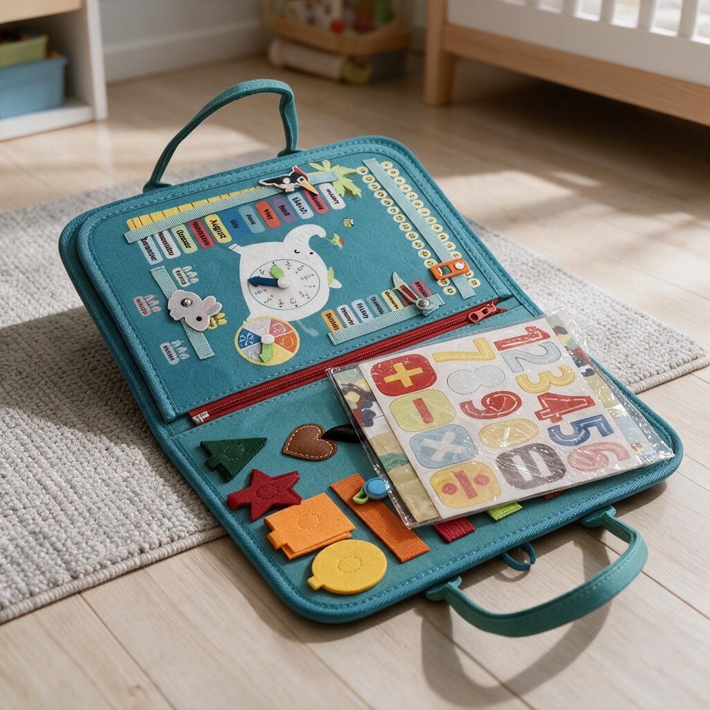 Teal felt busy board with a whale clock, number pieces and a zip pocket on a wood floor