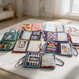 Nine colourful felt busy board books laid out together on a cream playroom rug