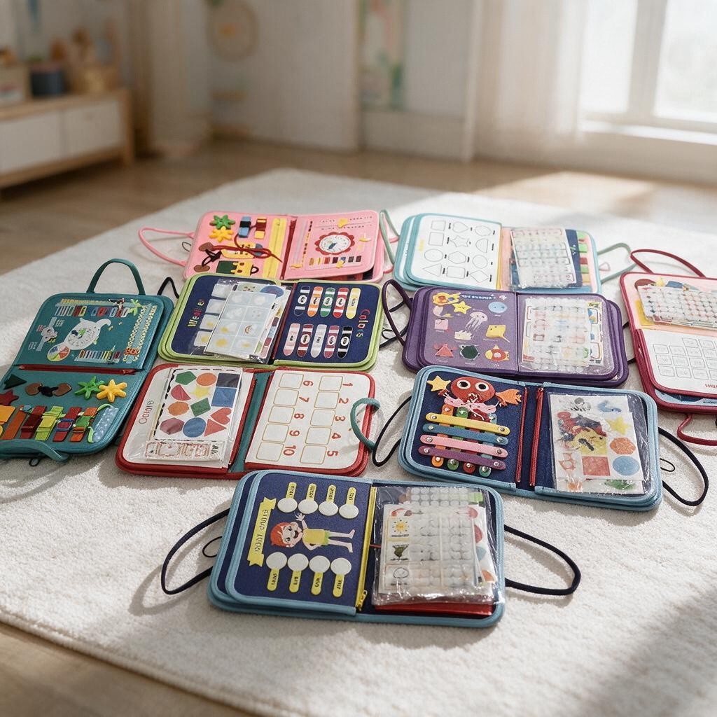 Nine colourful felt busy board books laid out together on a cream playroom rug