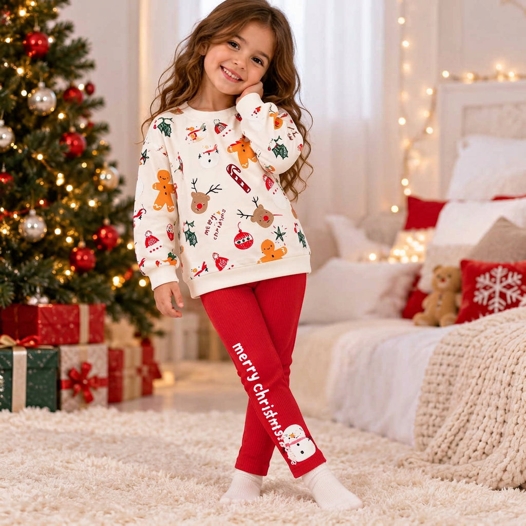 Girls Christmas Print Top and Red Leggings Set