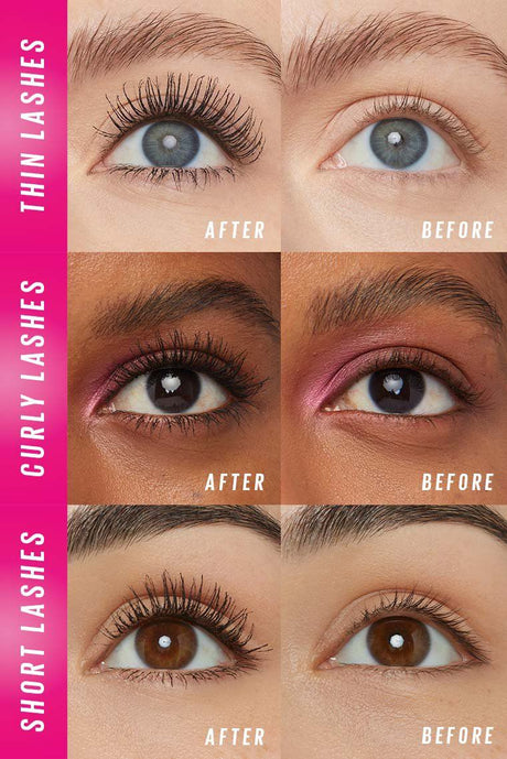 Before and after lash results on thin, curly and short lashes across three models