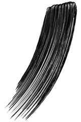 Glossy black mascara swatch showing the flaring lash effect on white