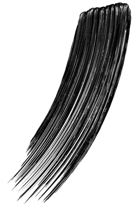 Glossy black mascara swatch showing the flaring lash effect on white