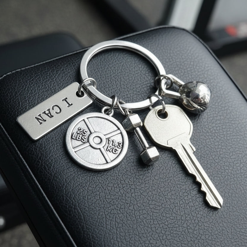Fitness keychain with weight plate, dumbbell, kettlebell, and an I Can tag