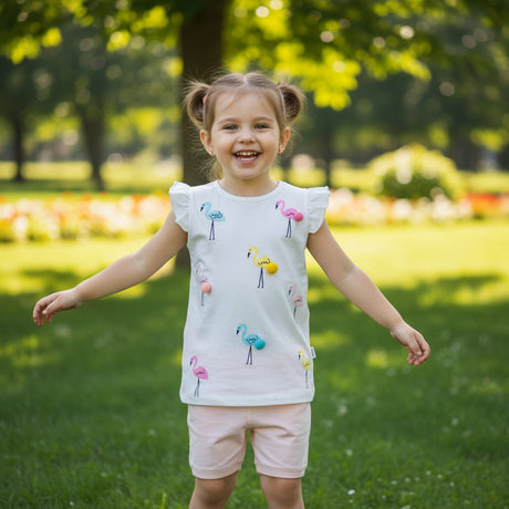 White top with pastel flamingo pom pom prints and soft pink shorts