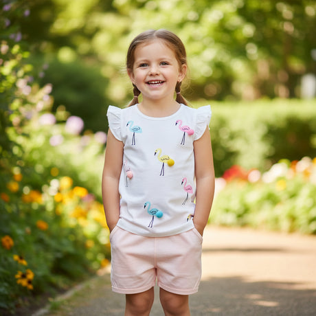 Girl in a white flamingo print flutter sleeve top and soft pink shorts