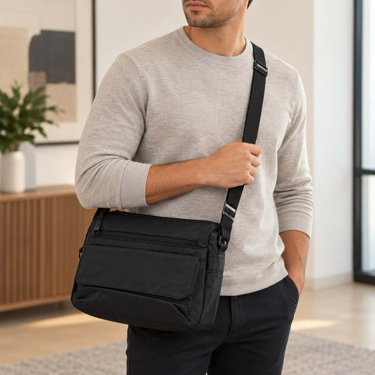 Man in a grey sweater carrying the black crossbody messenger bag on an adjustable strap