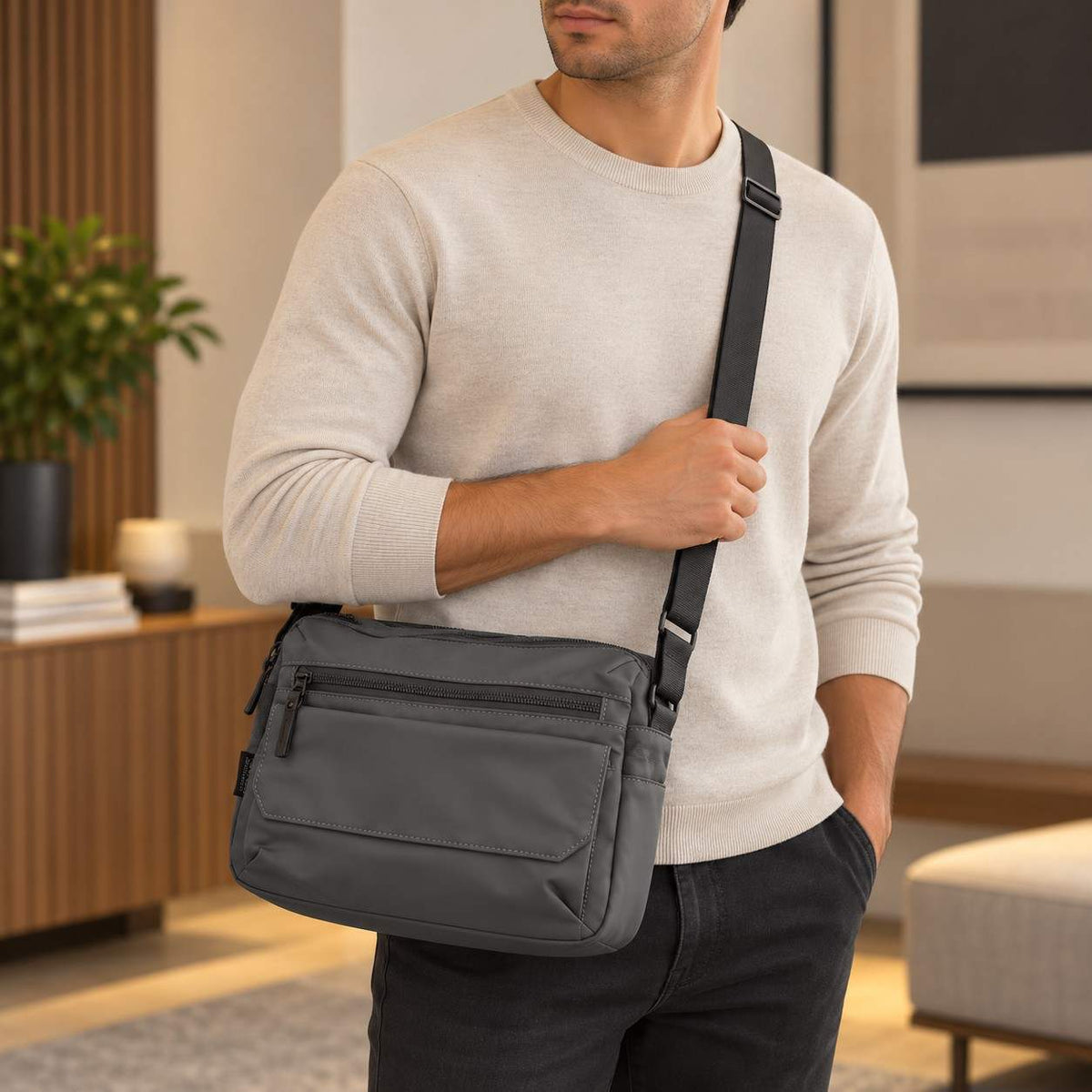 Man in a cream sweater wearing the grey crossbody bag on one shoulder in a warm living room