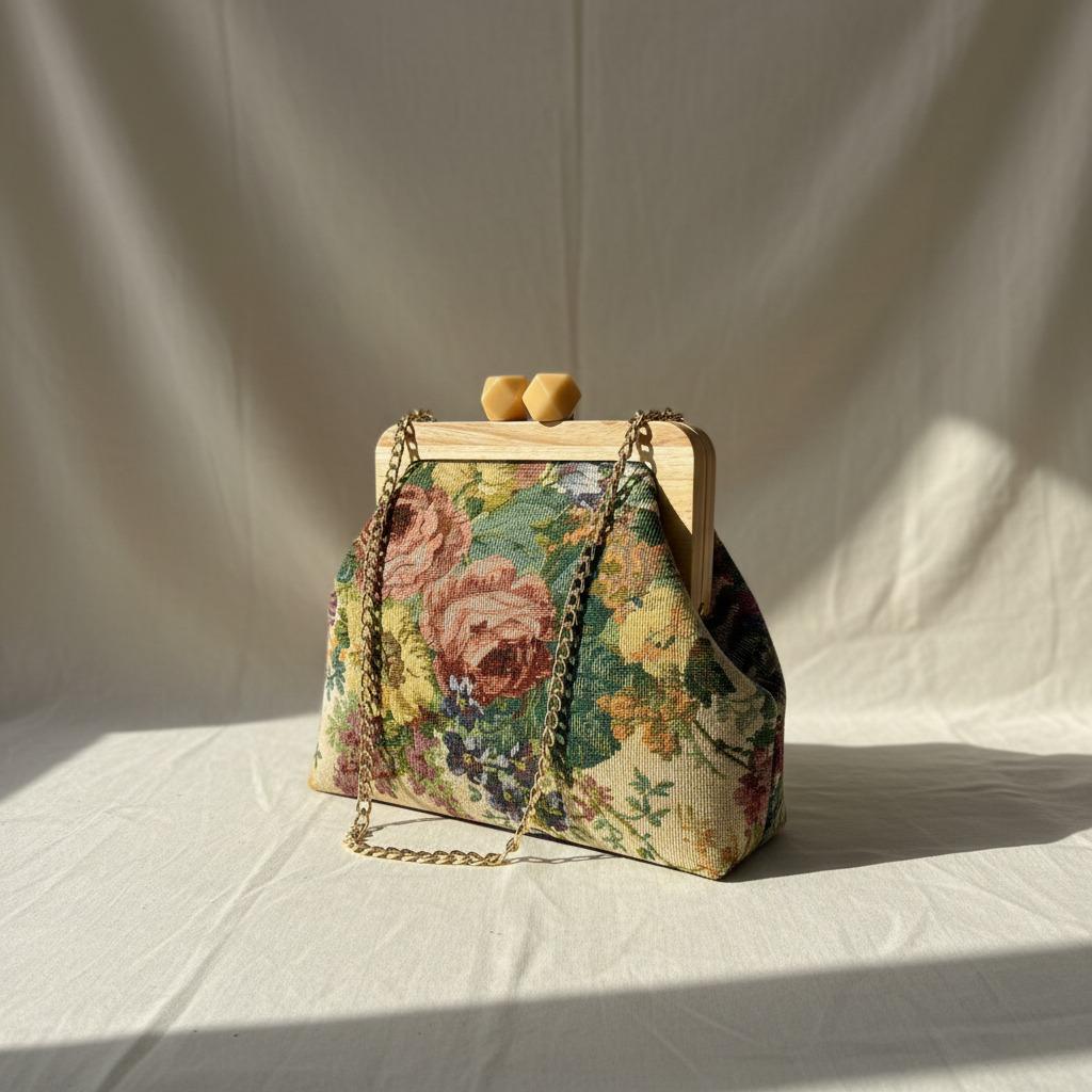Front view of floral handbag showing flower stitch detail
