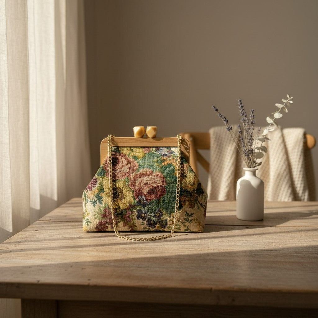 Floral handmade bag with wooden handles, Jack Gifts Online Lebanon