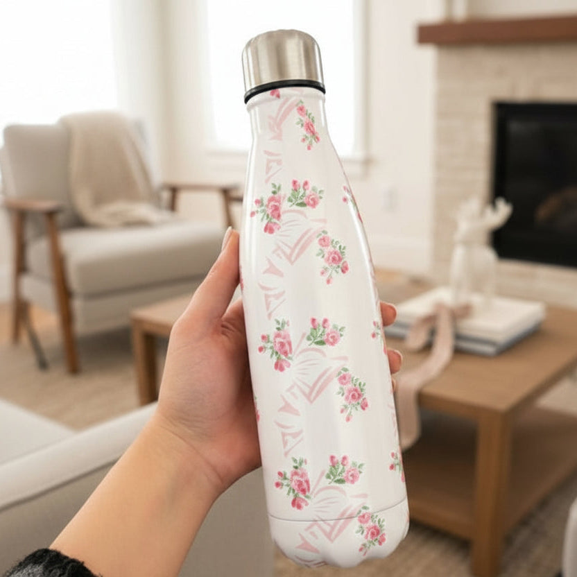 White vacuum flask with pale pink ribbon bows and rose posies