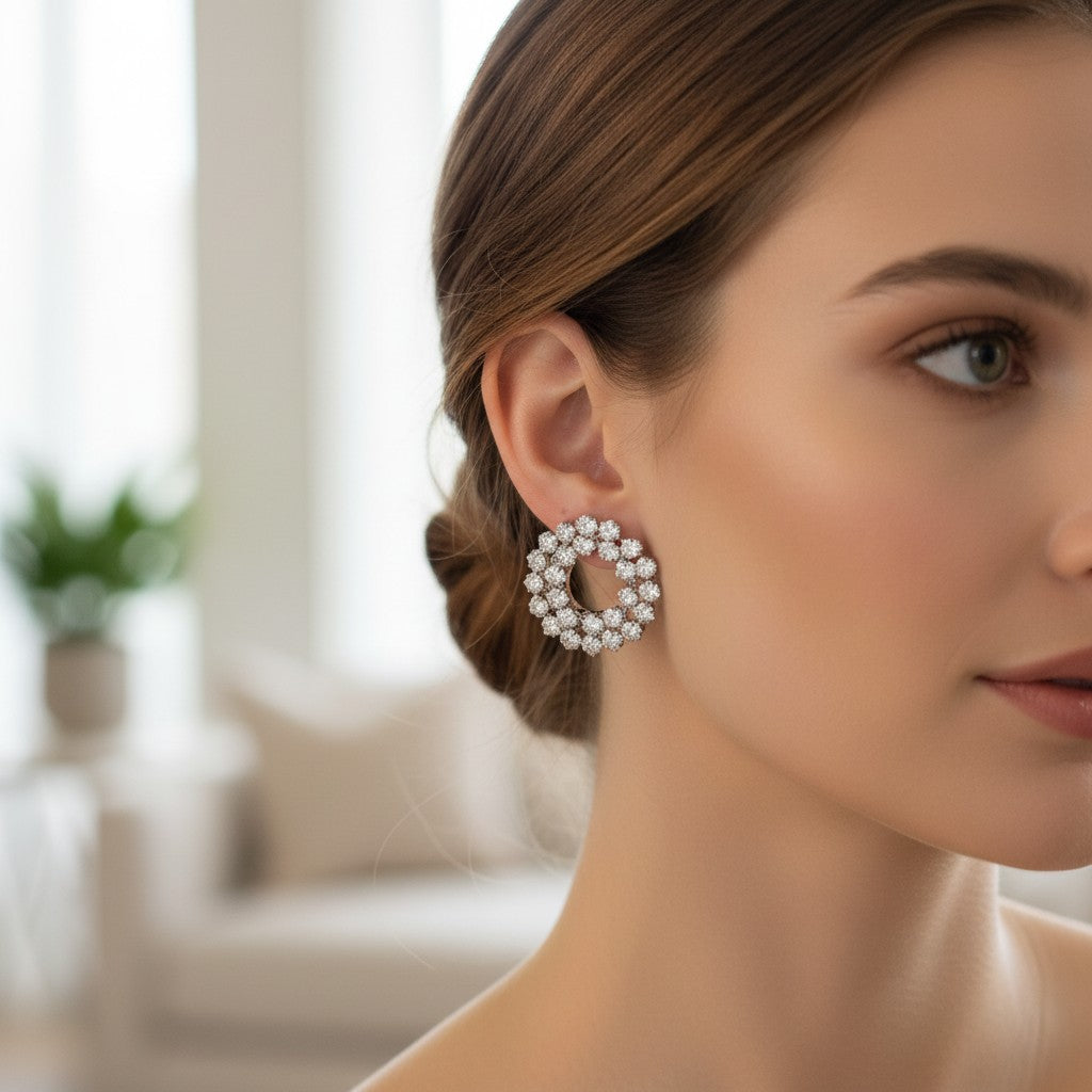 Silver flower cluster stud earrings with tiny crystal petals