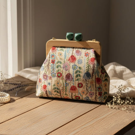 Wildflower print handbag on a rustic wooden table with dried lavender