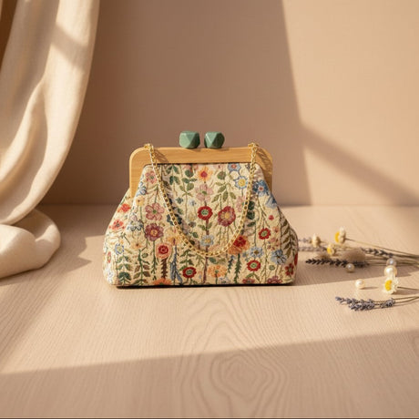 Cream wildflower tapestry bag with a sage green gem clasp against a warm backdrop