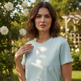 Blue 3D flower applique women's t-shirt