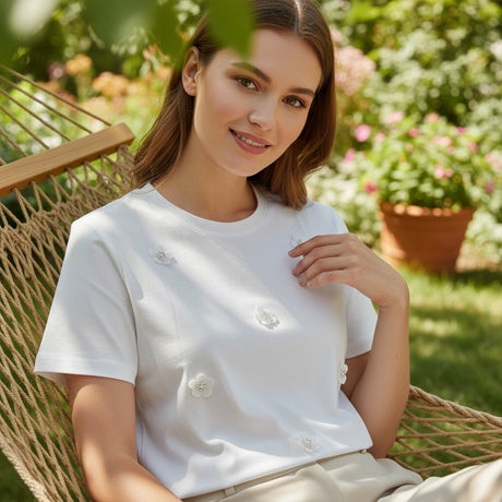 White 3D flower applique women's t-shirt