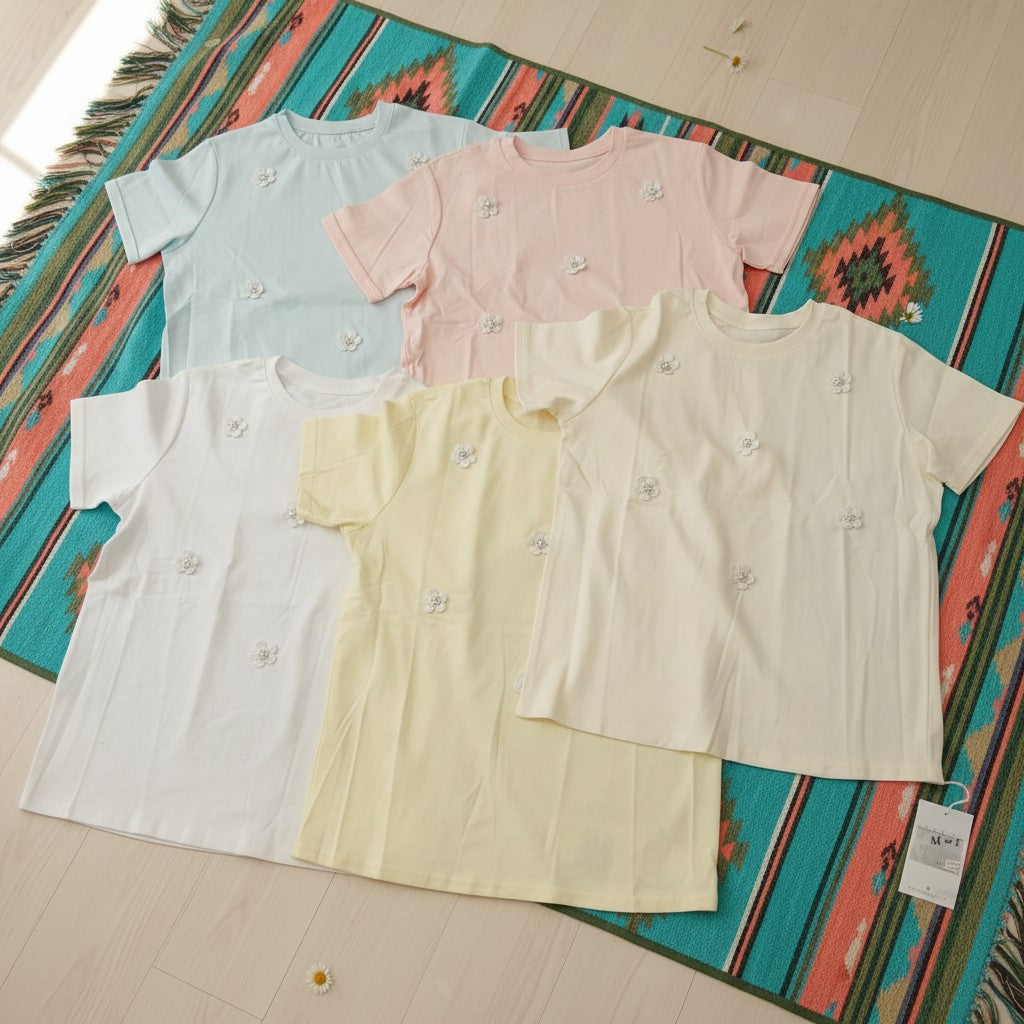 Women's 3D flower applique t-shirts in pink, blue, cream, yellow and white – Jack Gifts Online Lebanon