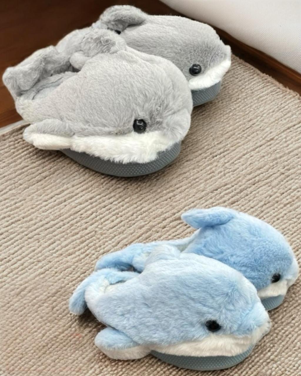 Kids plush shark slippers in grey and pale blue with soft fins