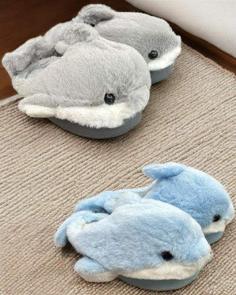 Kids plush shark slippers in grey and pale blue with soft fins, Jack Gifts Online Lebanon