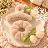 Beige fluffy claw clip and scrunchie with cream satin tulip buds and green ribbon