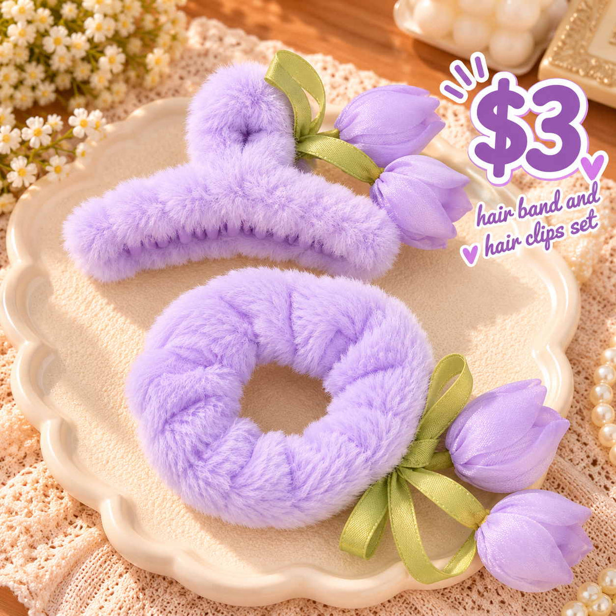 Lilac fluffy claw clip and scrunchie with purple satin tulip buds on green ribbon