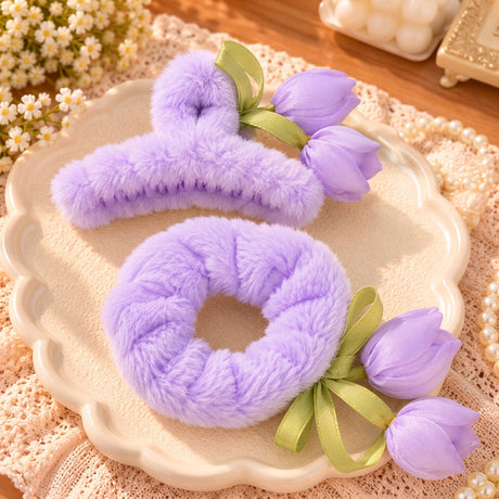 Lilac fluffy claw clip and scrunchie with purple satin tulip buds on green ribbon