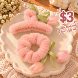 Peach fluffy claw clip and scrunchie with soft peach tulip buds and green ribbon bows