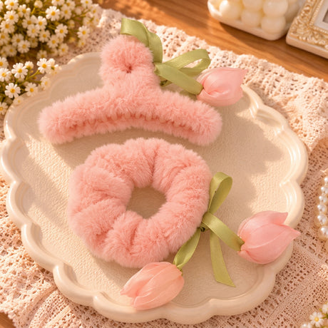 Peach fluffy claw clip and scrunchie with soft peach tulip buds and green ribbon bows