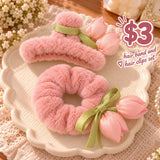 Dusty rose fluffy claw clip with a ribbon wrap and matching scrunchie with tulip buds