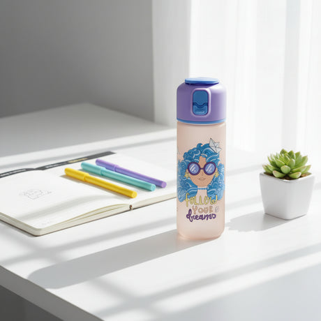 Blush water bottle with a lavender flip lid and a blue haired girl in sunglasses