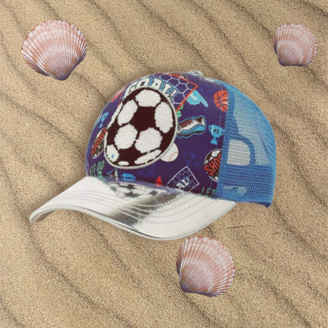 Navy and blue mesh football kids cap with a soccer ball patch and sports print on sand