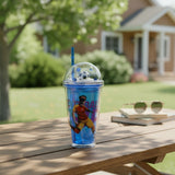 Blue football cup with straw and mini football in the dome