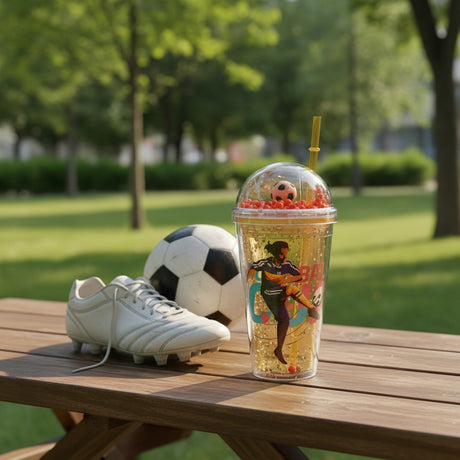 Yellow football cup with straw and floating beads