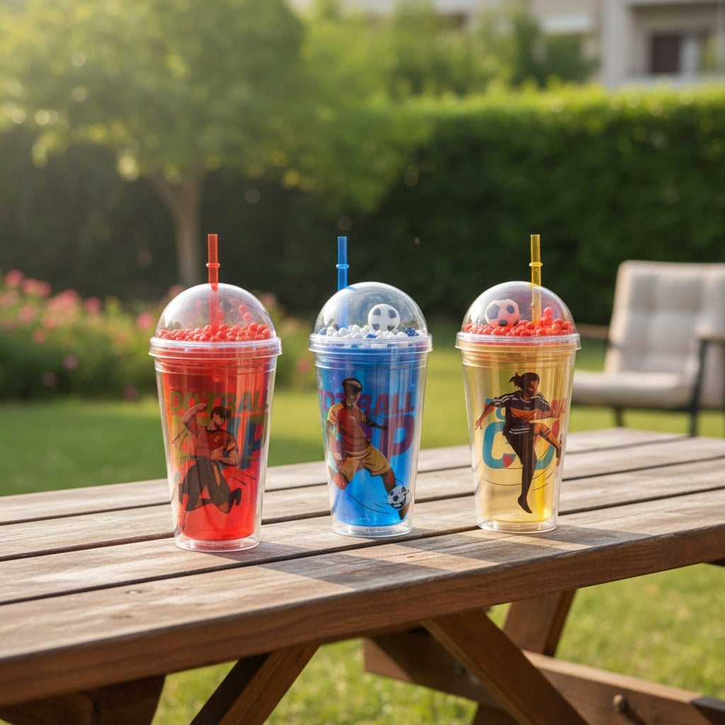 Football cups with straws in red, blue and yellow with floating bead domes – Jack Gifts Online Lebanon