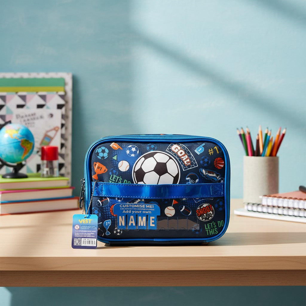 Navy football print lunch bag with a customisable name panel, Jack Gifts Online Lebanon