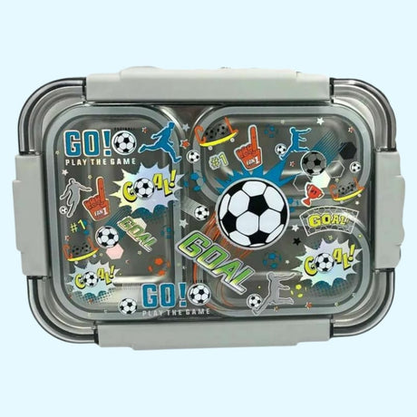 Rectangular lunch box with soccer-themed design on a light blue background