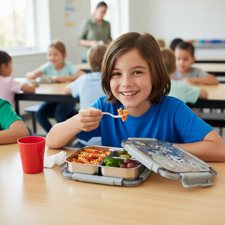 Child eating a meal at a school cafeteria with a football lunchbox and utensils