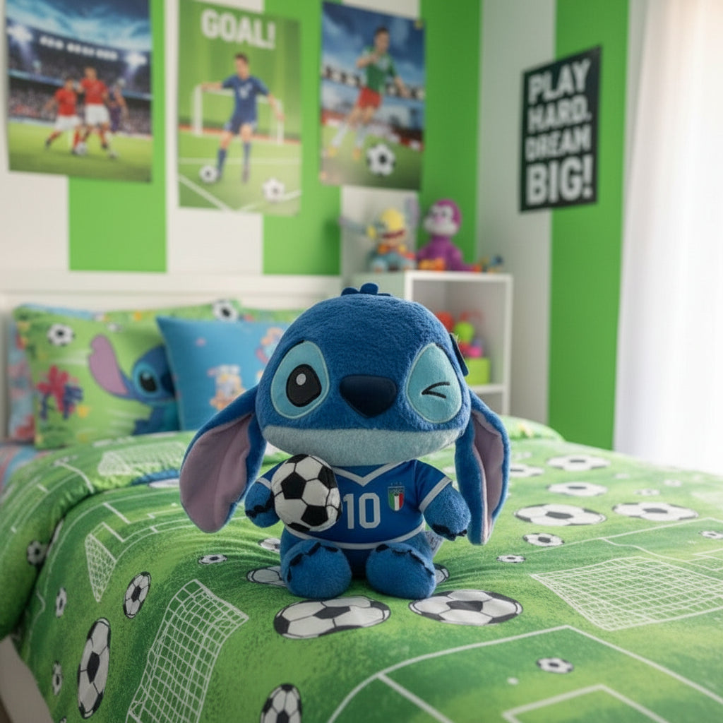Blue plush wearing an azure number 10 shirt in a football themed bedroom