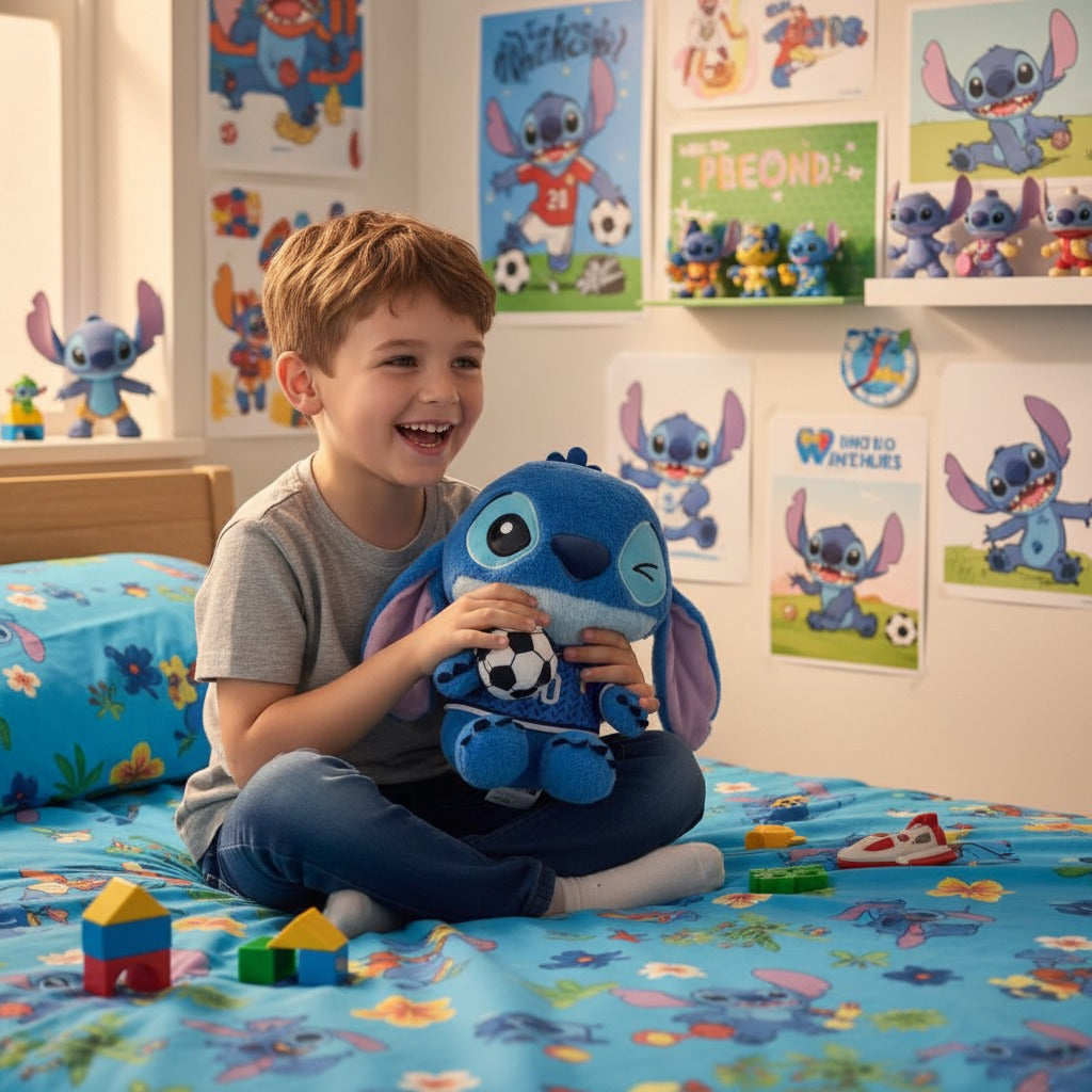 Blue plush character in a plain navy football shirt held by a boy sitting on a bed