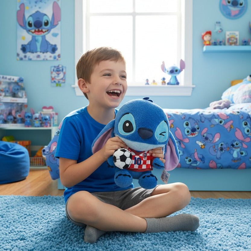 Boy laughing as he holds a blue plush wearing a red and white checked football jersey