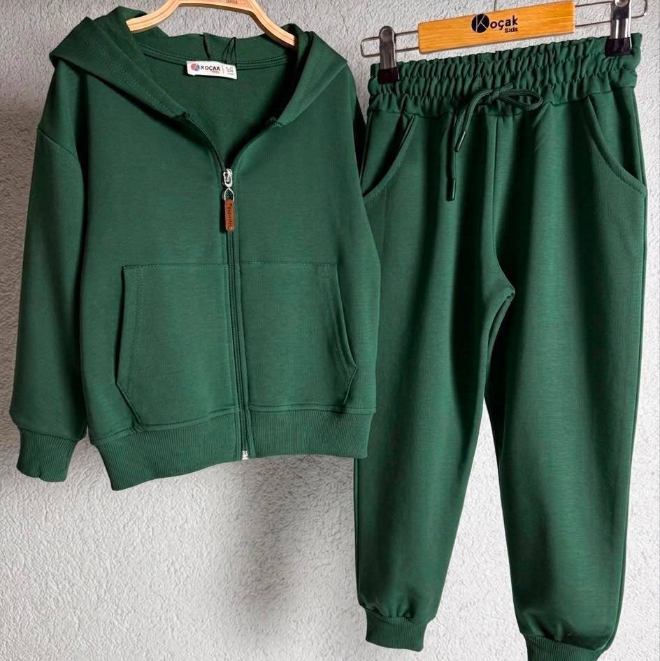 Forest green zip hoodie and joggers on hangers