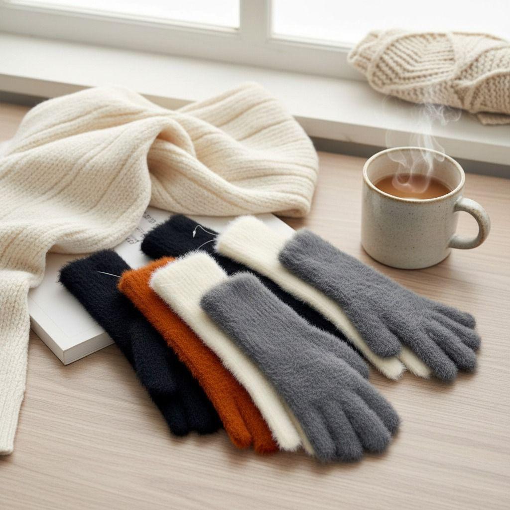 Pairs of black, brown, white, and grey gloves on a wooden surface with a cup of steaming coffee and a blanket