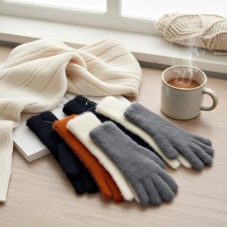 Pairs of black, brown, white, and grey gloves on a wooden surface with a cup of steaming coffee and a blanket