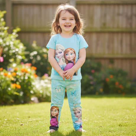 Girls blue Elsa and Anna set, short sleeve top and matching printed leggings in a garden