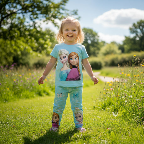 Girls light blue Frozen set, Elsa and Anna tee with butterfly print leggings, worn outdoors