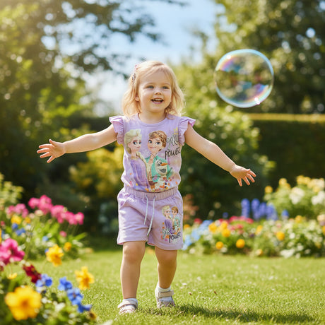 Full length girls purple Frozen Girl Power set worn outdoors in a garden
