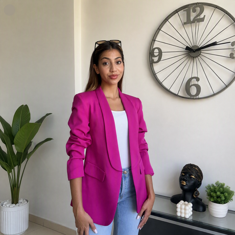 Fuchsia jacket photographed straight on, showing the full colour saturation